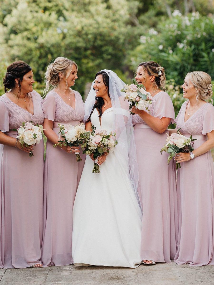MONICA | Dlouhé šaty pro družičky s empírovým pasem a krátkými volánkovými rukávy | Bridesmaid Dresses | Elora Praha