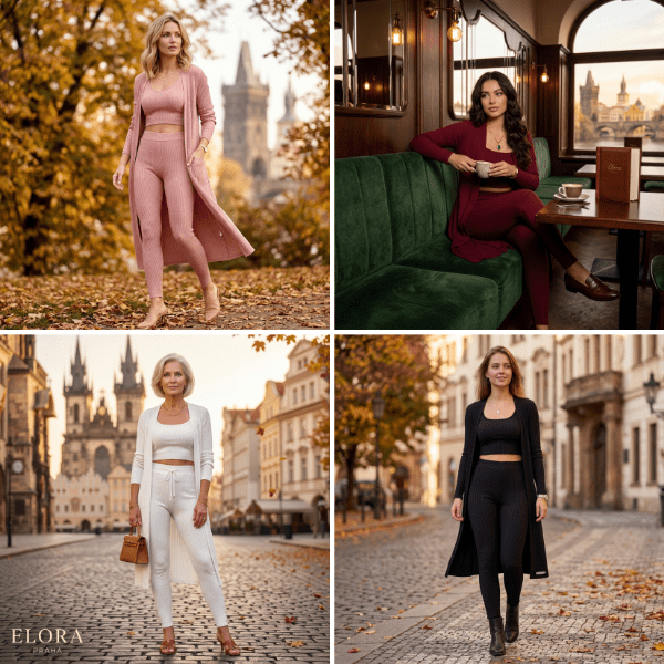 Elora Praha — Pohodlný 3 - dílný žebrovaný set | Crop Top + Dlouhý Cardigan + Legíny | Měkký, Pohodlný & Stylový | Kleidung & Accessoires | Elora Praha
