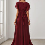 večerní šaty LEORA | V - krk s volánkovými rukávy, dlouhé až na zem, A - line, šifon | Evening Dresses | Elora Praha