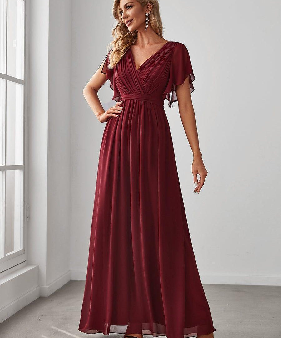 večerní šaty LEORA | V - krk s volánkovými rukávy, dlouhé až na zem, A - line, šifon | Evening Dresses | Elora Praha