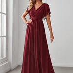 večerní šaty LEORA | V - krk s volánkovými rukávy, dlouhé až na zem, A - line, šifon | Evening Dresses | Elora Praha