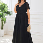 večerní šaty LEORA | V - krk s volánkovými rukávy, dlouhé až na zem, A - line, šifon | Evening Dresses | Elora Praha