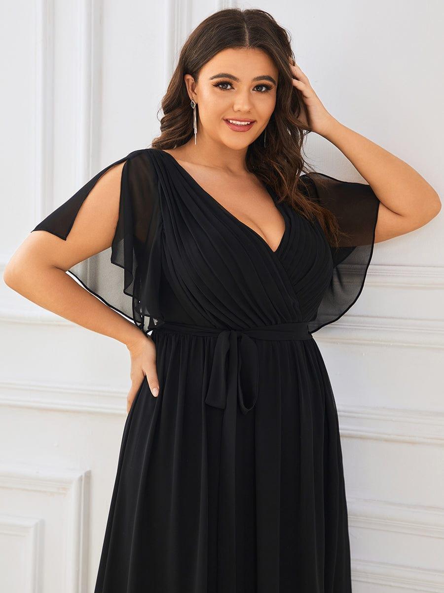 večerní šaty LEORA | V - krk s volánkovými rukávy, dlouhé až na zem, A - line, šifon | Evening Dresses | Elora Praha