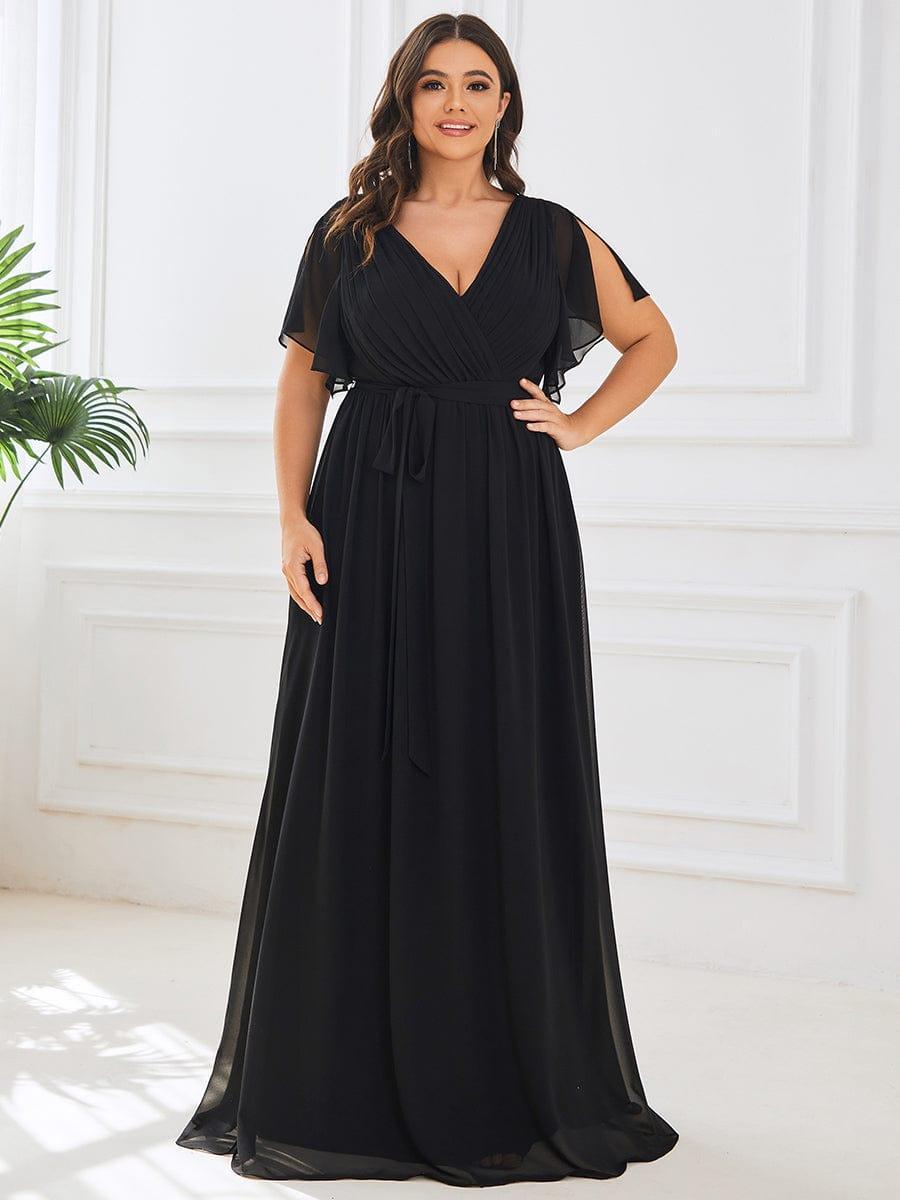 večerní šaty LEORA | V - krk s volánkovými rukávy, dlouhé až na zem, A - line, šifon | Evening Dresses | Elora Praha