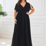 večerní šaty LEORA | V - krk s volánkovými rukávy, dlouhé až na zem, A - line, šifon | Evening Dresses | Elora Praha