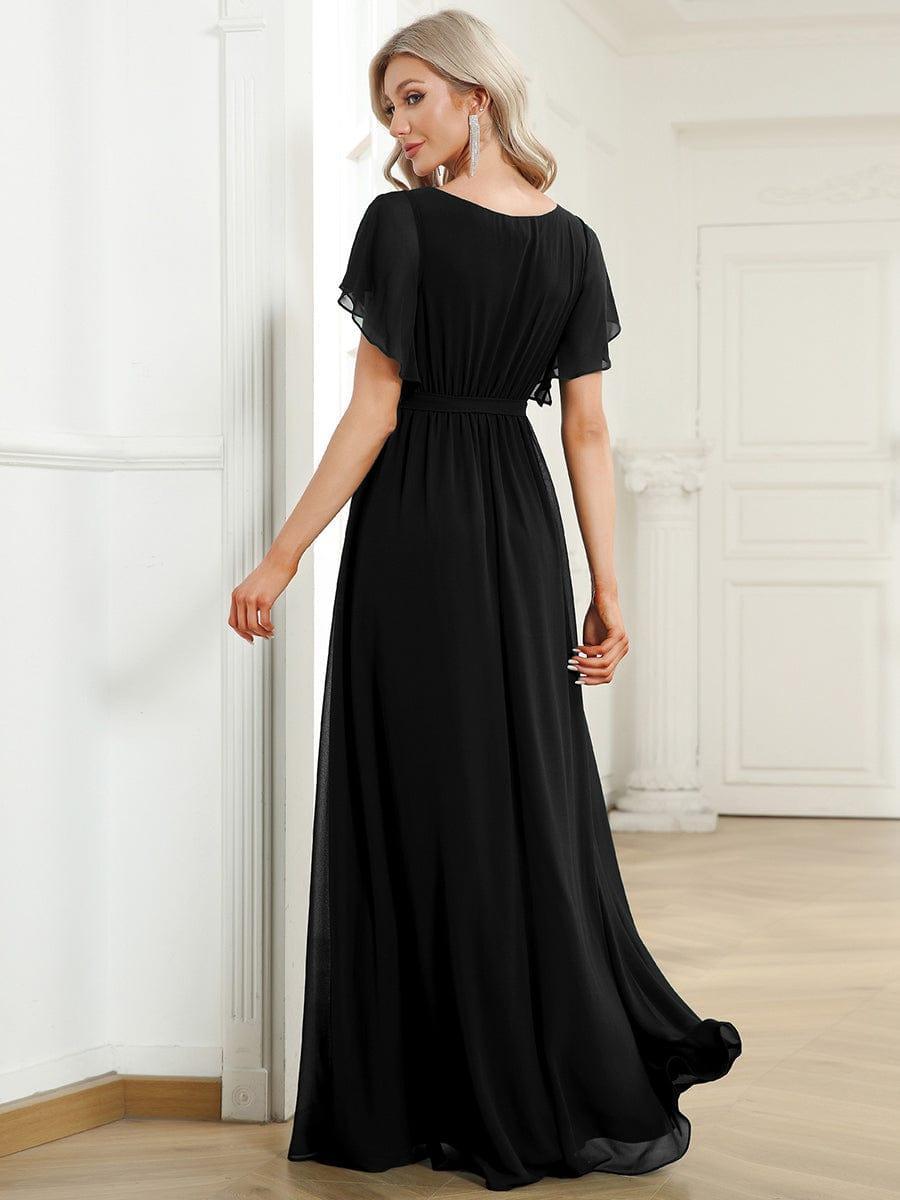 večerní šaty LEORA | V - krk s volánkovými rukávy, dlouhé až na zem, A - line, šifon | Evening Dresses | Elora Praha