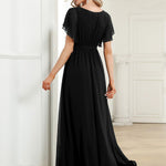 večerní šaty LEORA | V - krk s volánkovými rukávy, dlouhé až na zem, A - line, šifon | Evening Dresses | Elora Praha