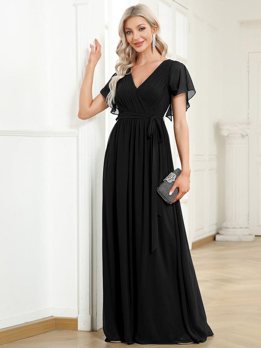 večerní šaty LEORA | V - krk s volánkovými rukávy, dlouhé až na zem, A - line, šifon | Evening Dresses | Elora Praha