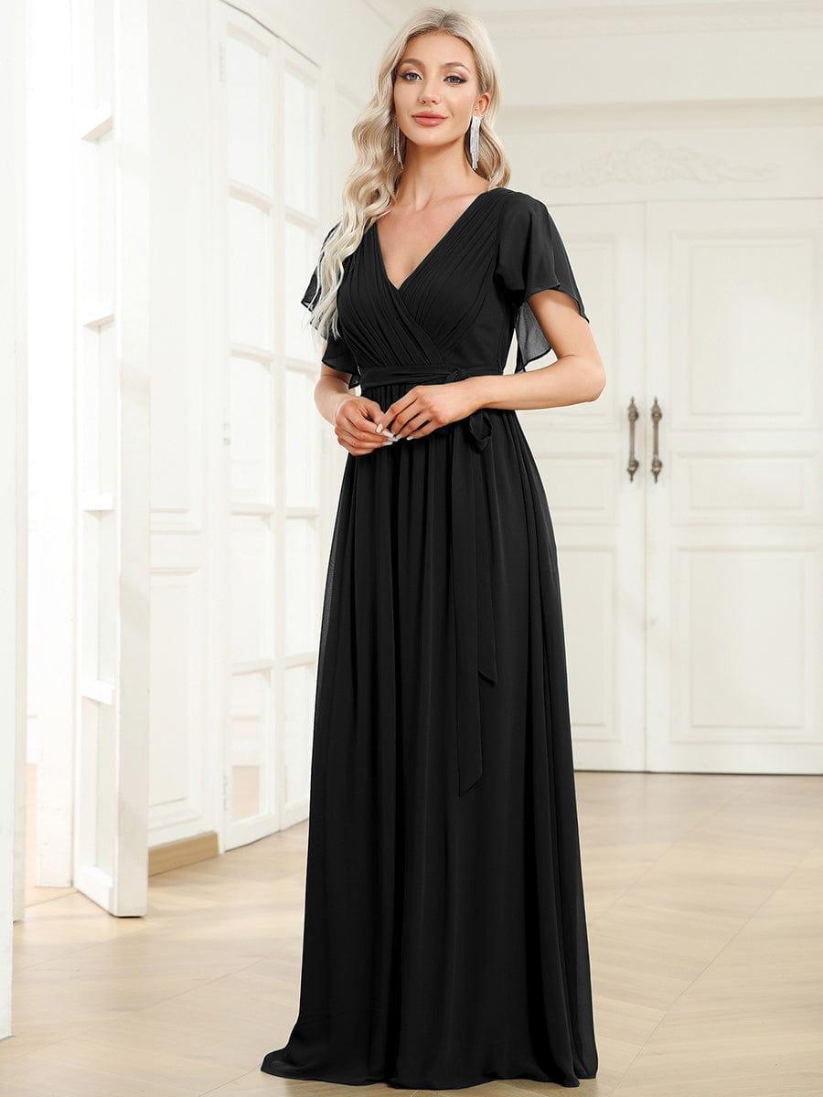 večerní šaty LEORA | V - krk s volánkovými rukávy, dlouhé až na zem, A - line, šifon | Evening Dresses | Elora Praha