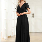 večerní šaty LEORA | V - krk s volánkovými rukávy, dlouhé až na zem, A - line, šifon | Evening Dresses | Elora Praha