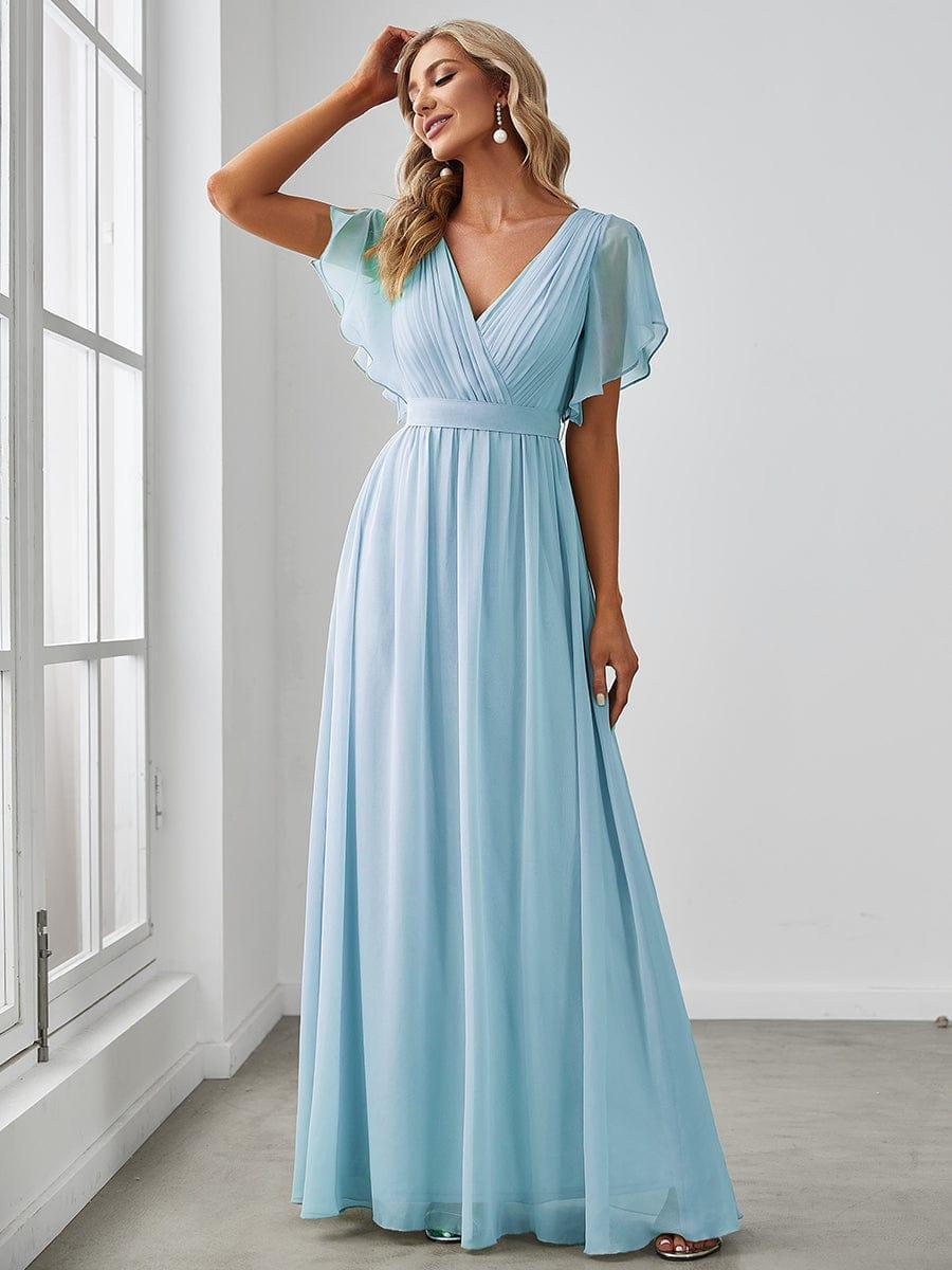 večerní šaty LEORA | V - krk s volánkovými rukávy, dlouhé až na zem, A - line, šifon | Evening Dresses | Elora Praha