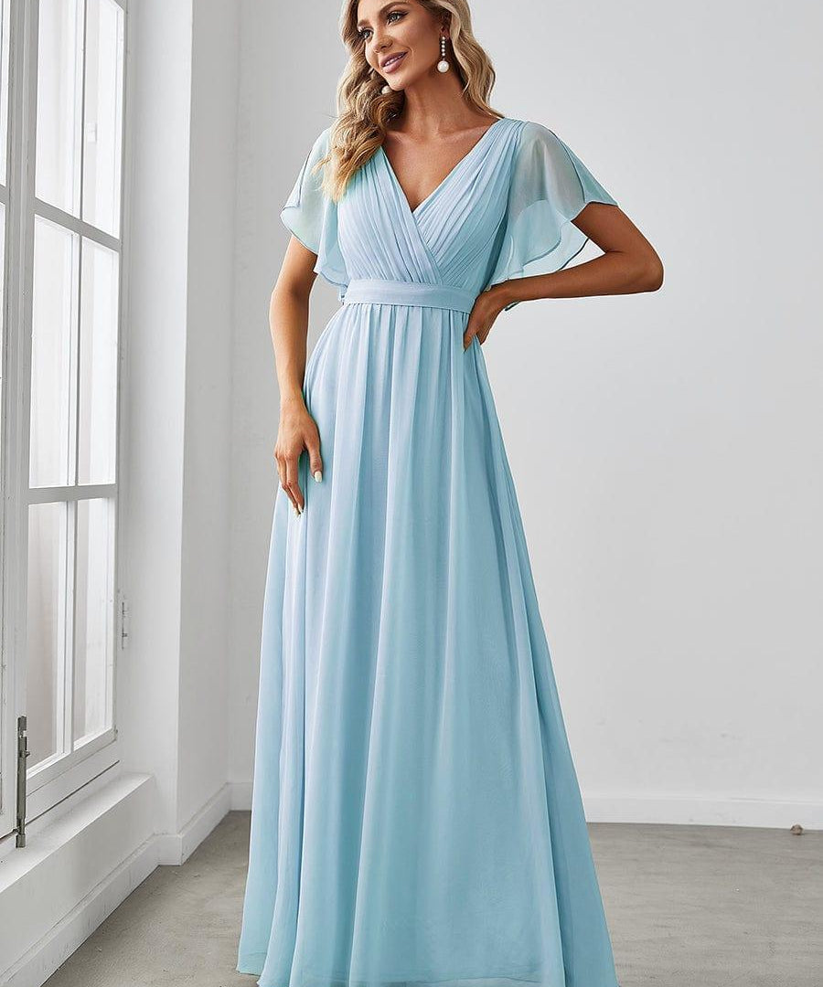 večerní šaty LEORA | V - krk s volánkovými rukávy, dlouhé až na zem, A - line, šifon | Evening Dresses | Elora Praha
