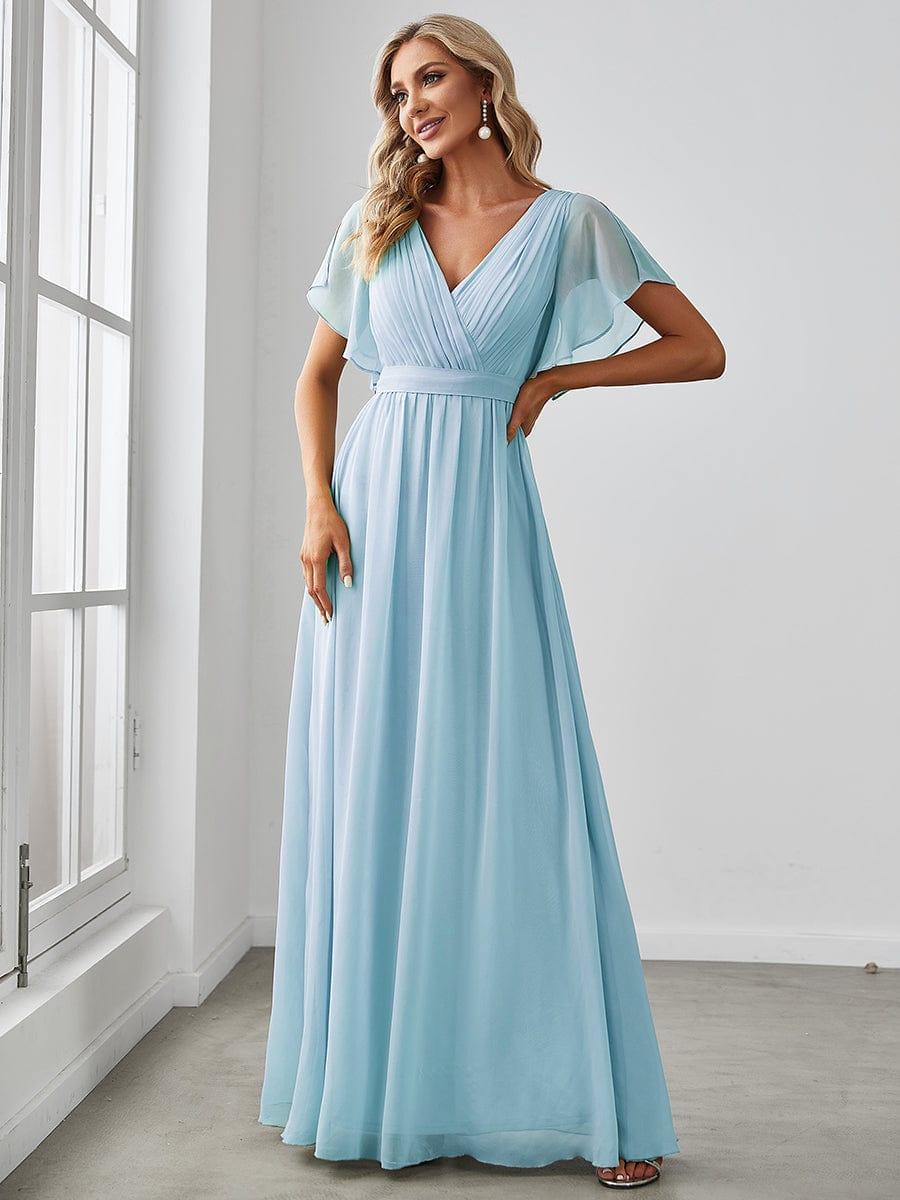 večerní šaty LEORA | V - krk s volánkovými rukávy, dlouhé až na zem, A - line, šifon | Evening Dresses | Elora Praha