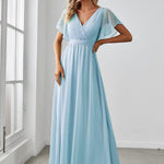 večerní šaty LEORA | V - krk s volánkovými rukávy, dlouhé až na zem, A - line, šifon | Evening Dresses | Elora Praha