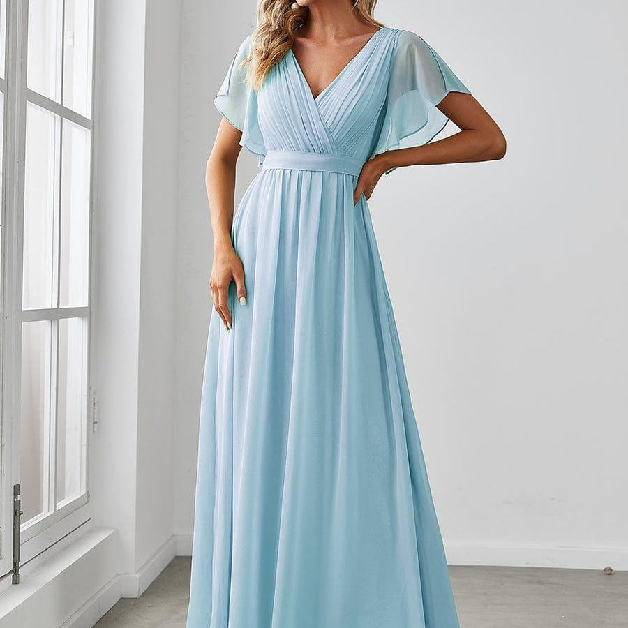 večerní šaty LEORA | V - krk s volánkovými rukávy, dlouhé až na zem, A - line, šifon | Evening Dresses | Elora Praha