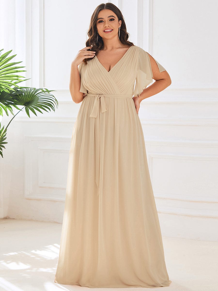 večerní šaty LEORA | V - krk s volánkovými rukávy, dlouhé až na zem, A - line, šifon | Evening Dresses | Elora Praha