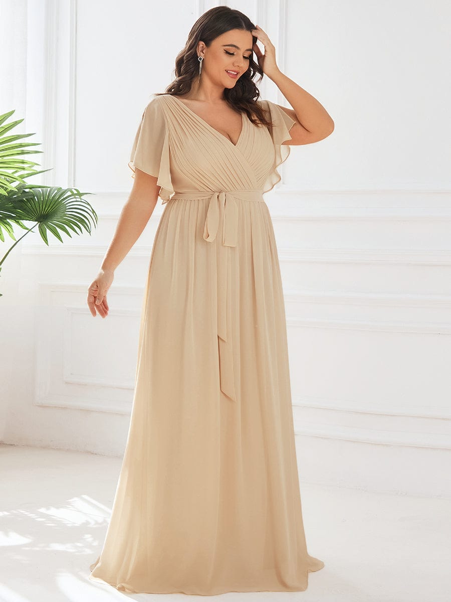 večerní šaty LEORA | V - krk s volánkovými rukávy, dlouhé až na zem, A - line, šifon | Evening Dresses | Elora Praha