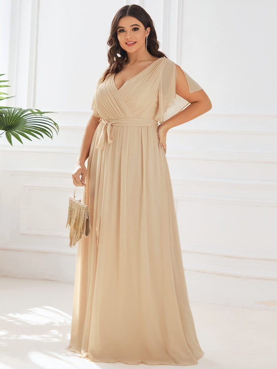 večerní šaty LEORA | V - krk s volánkovými rukávy, dlouhé až na zem, A - line, šifon | Evening Dresses | Elora Praha