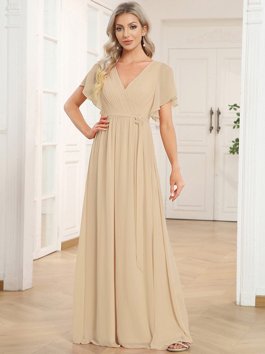 večerní šaty LEORA | V - krk s volánkovými rukávy, dlouhé až na zem, A - line, šifon | Evening Dresses | Elora Praha