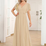 večerní šaty LEORA | V - krk s volánkovými rukávy, dlouhé až na zem, A - line, šifon | Evening Dresses | Elora Praha