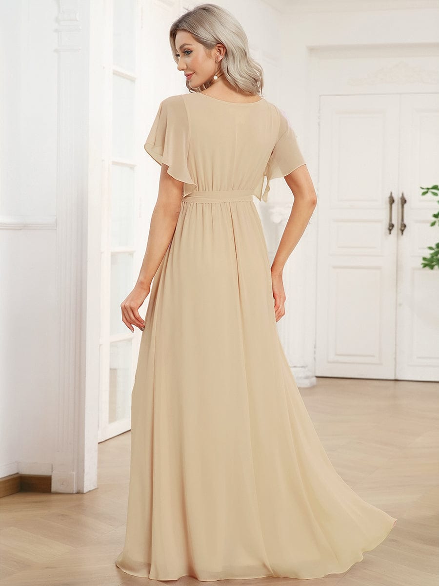 večerní šaty LEORA | V - krk s volánkovými rukávy, dlouhé až na zem, A - line, šifon | Evening Dresses | Elora Praha