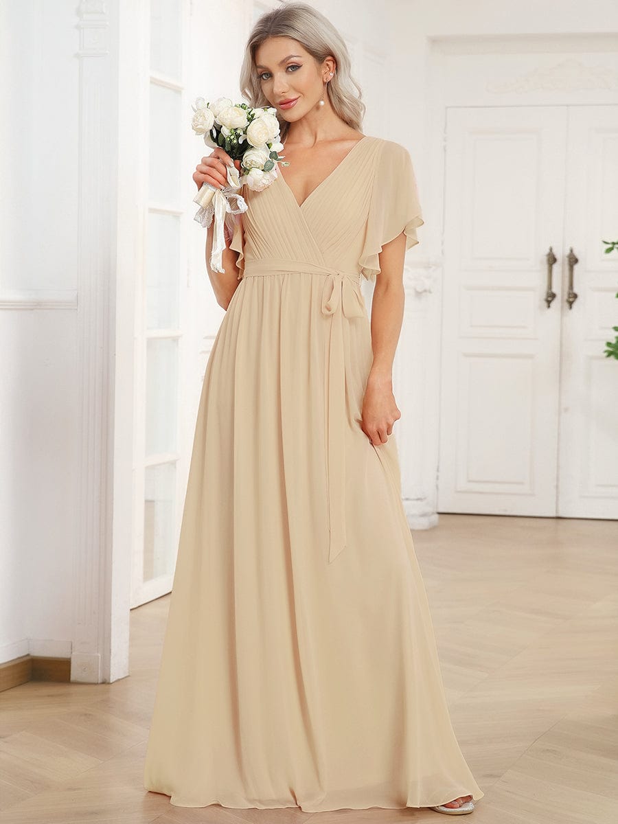 večerní šaty LEORA | V - krk s volánkovými rukávy, dlouhé až na zem, A - line, šifon | Evening Dresses | Elora Praha