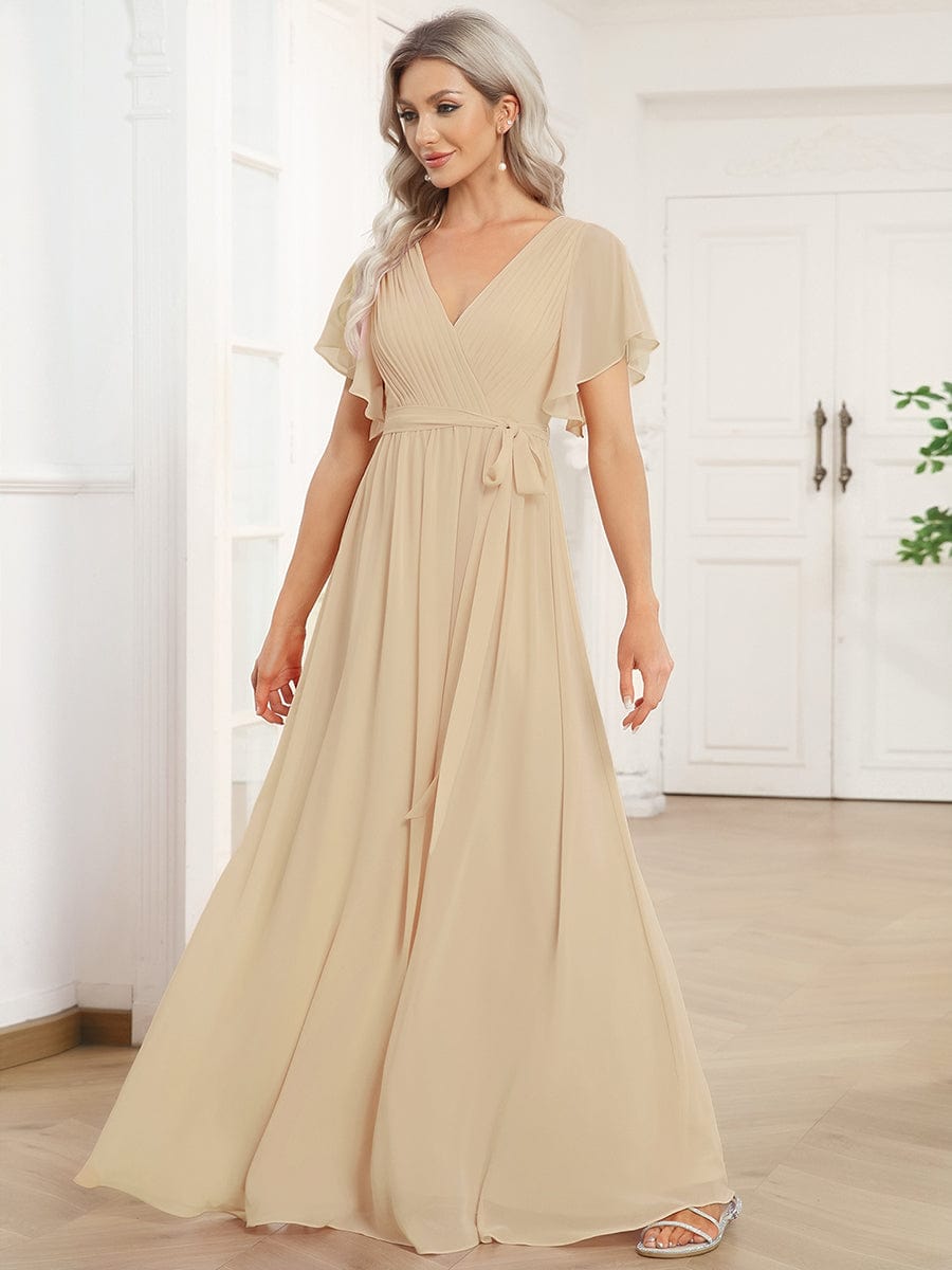 večerní šaty LEORA | V - krk s volánkovými rukávy, dlouhé až na zem, A - line, šifon | Evening Dresses | Elora Praha