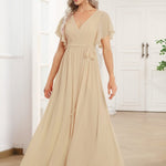 večerní šaty LEORA | V - krk s volánkovými rukávy, dlouhé až na zem, A - line, šifon | Evening Dresses | Elora Praha