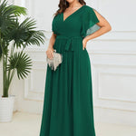večerní šaty LEORA | V - krk s volánkovými rukávy, dlouhé až na zem, A - line, šifon | Evening Dresses | Elora Praha