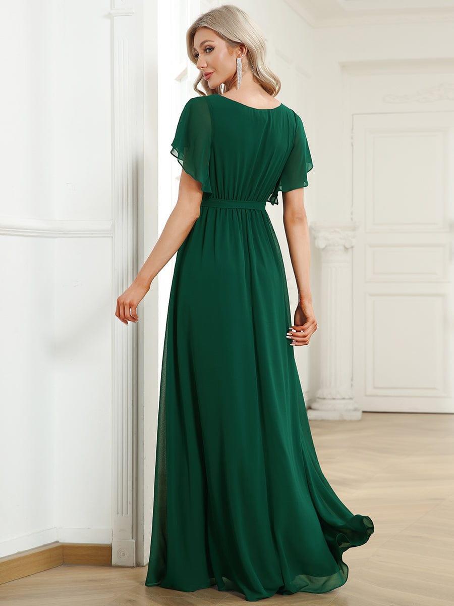 večerní šaty LEORA | V - krk s volánkovými rukávy, dlouhé až na zem, A - line, šifon | Evening Dresses | Elora Praha