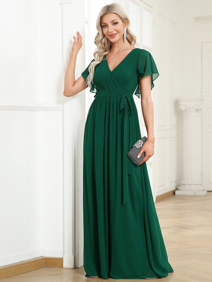 večerní šaty LEORA | V - krk s volánkovými rukávy, dlouhé až na zem, A - line, šifon | Evening Dresses | Elora Praha