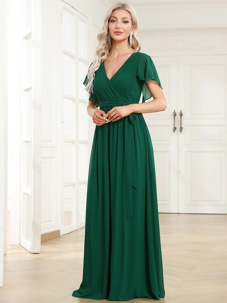 večerní šaty LEORA | V - krk s volánkovými rukávy, dlouhé až na zem, A - line, šifon | Evening Dresses | Elora Praha