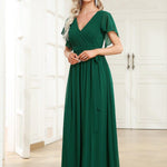 večerní šaty LEORA | V - krk s volánkovými rukávy, dlouhé až na zem, A - line, šifon | Evening Dresses | Elora Praha
