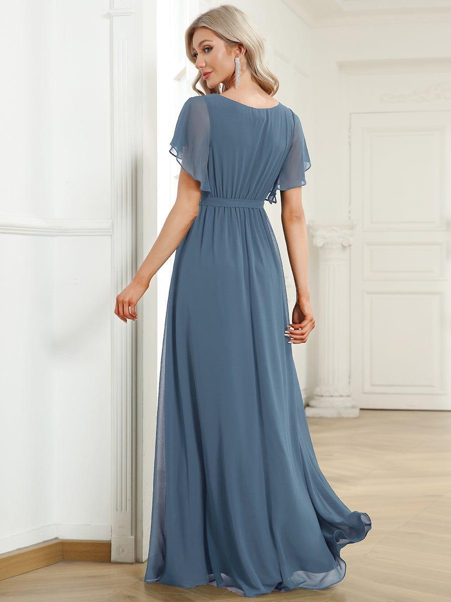 večerní šaty LEORA | V - krk s volánkovými rukávy, dlouhé až na zem, A - line, šifon | Evening Dresses | Elora Praha