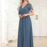 večerní šaty LEORA | V - krk s volánkovými rukávy, dlouhé až na zem, A - line, šifon | Evening Dresses | Elora Praha