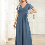 večerní šaty LEORA | V - krk s volánkovými rukávy, dlouhé až na zem, A - line, šifon | Evening Dresses | Elora Praha