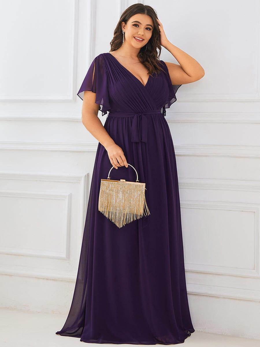 večerní šaty LEORA | V - krk s volánkovými rukávy, dlouhé až na zem, A - line, šifon | Evening Dresses | Elora Praha