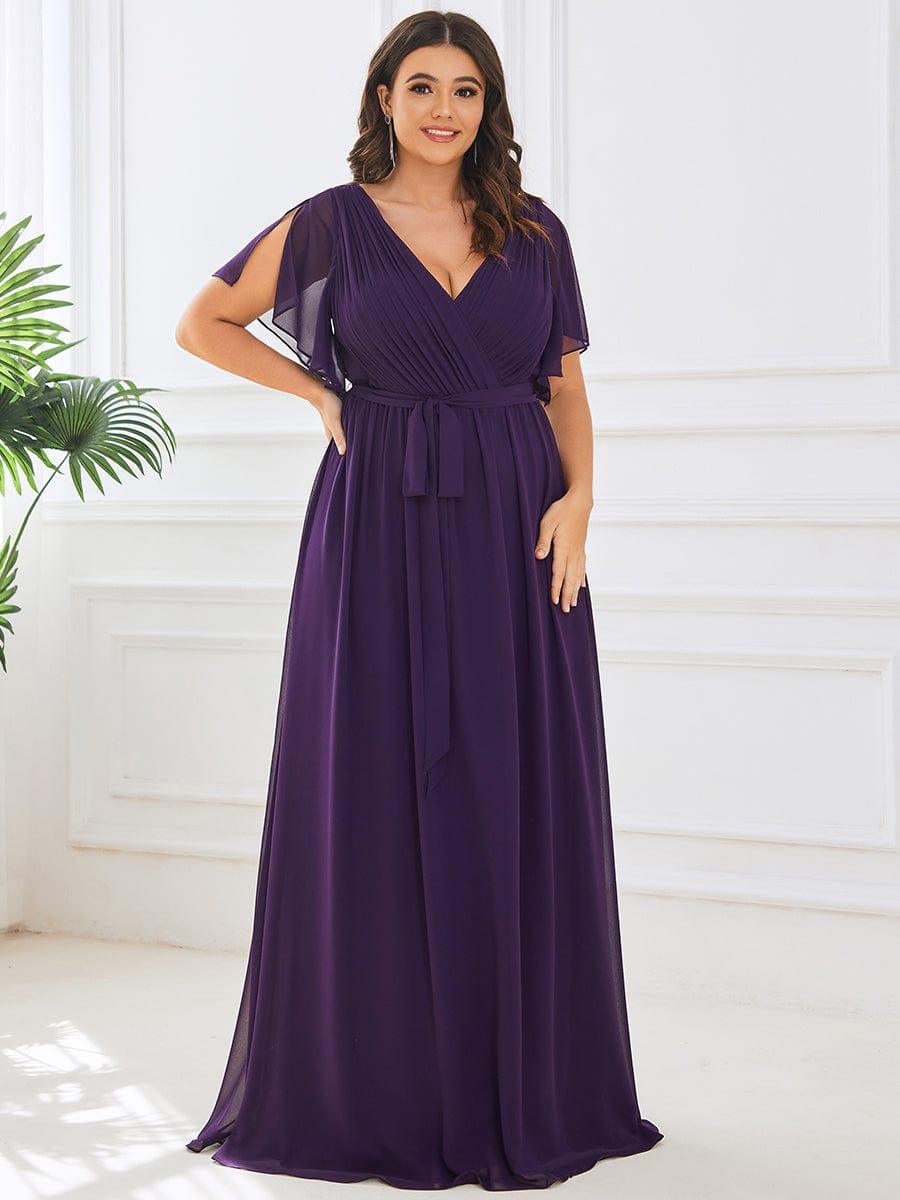 večerní šaty LEORA | V - krk s volánkovými rukávy, dlouhé až na zem, A - line, šifon | Evening Dresses | Elora Praha