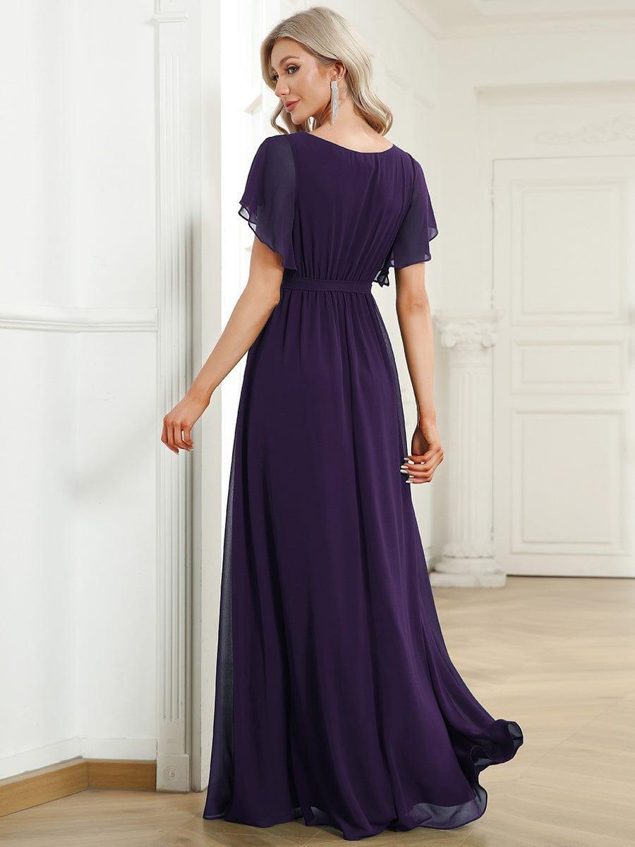 večerní šaty LEORA | V - krk s volánkovými rukávy, dlouhé až na zem, A - line, šifon | Evening Dresses | Elora Praha