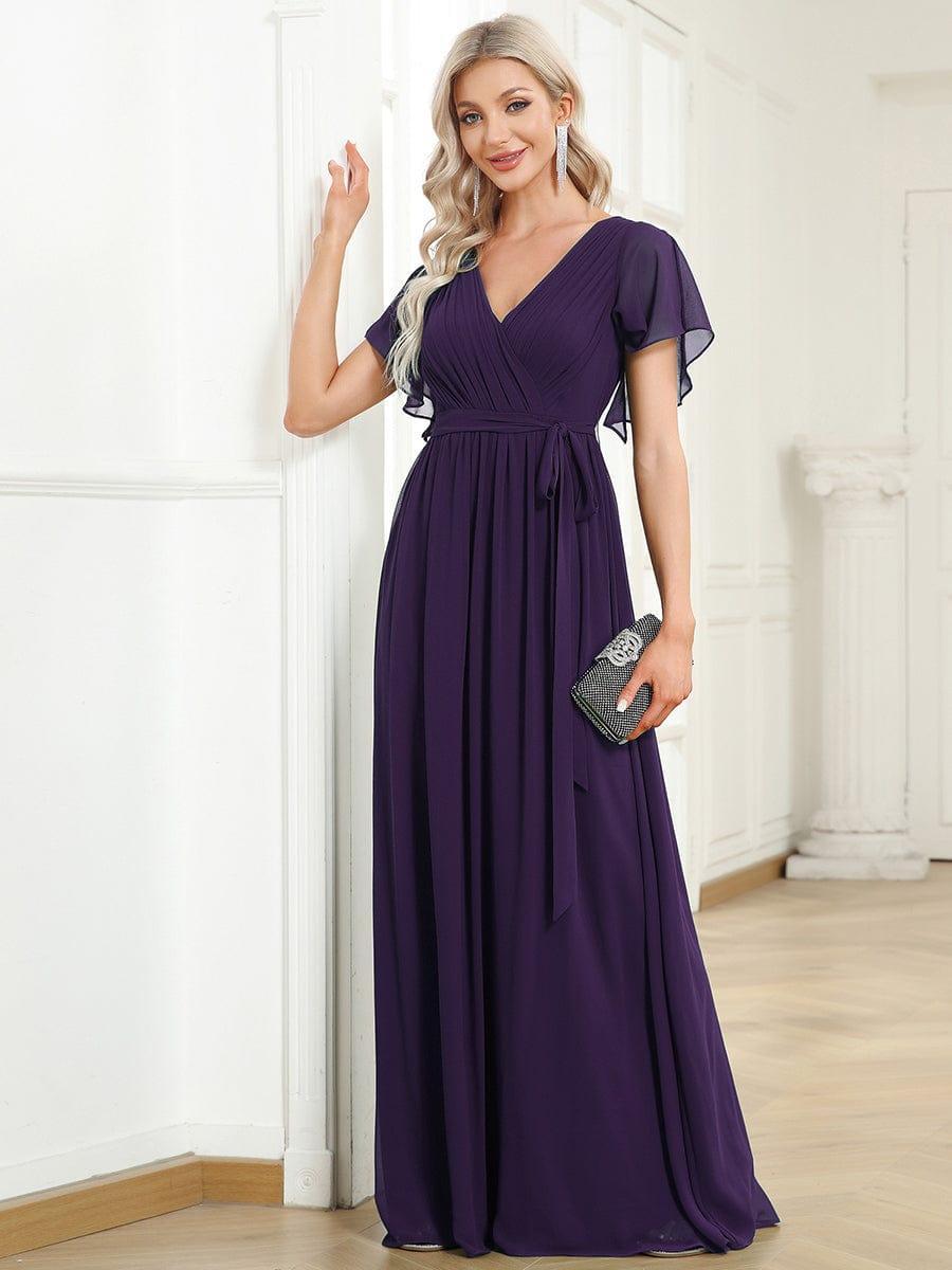 večerní šaty LEORA | V - krk s volánkovými rukávy, dlouhé až na zem, A - line, šifon | Evening Dresses | Elora Praha