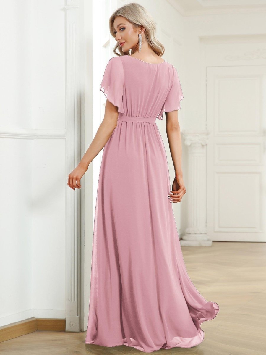 večerní šaty LEORA | V - krk s volánkovými rukávy, dlouhé až na zem, A - line, šifon | Evening Dresses | Elora Praha