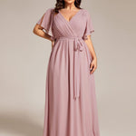 večerní šaty LEORA | V - krk s volánkovými rukávy, dlouhé až na zem, A - line, šifon | Evening Dresses | Elora Praha