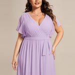 večerní šaty LEORA | V - krk s volánkovými rukávy, dlouhé až na zem, A - line, šifon | Evening Dresses | Elora Praha