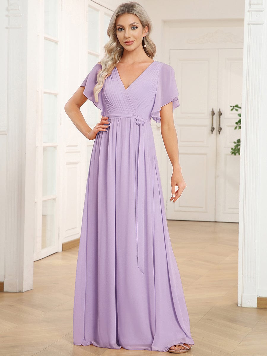 večerní šaty LEORA | V - krk s volánkovými rukávy, dlouhé až na zem, A - line, šifon | Evening Dresses | Elora Praha
