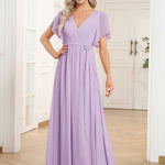 večerní šaty LEORA | V - krk s volánkovými rukávy, dlouhé až na zem, A - line, šifon | Evening Dresses | Elora Praha