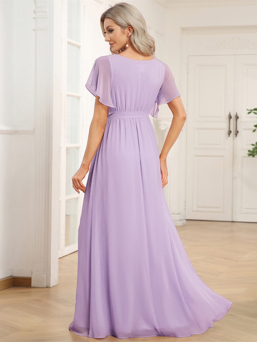 večerní šaty LEORA | V - krk s volánkovými rukávy, dlouhé až na zem, A - line, šifon | Evening Dresses | Elora Praha