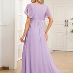večerní šaty LEORA | V - krk s volánkovými rukávy, dlouhé až na zem, A - line, šifon | Evening Dresses | Elora Praha