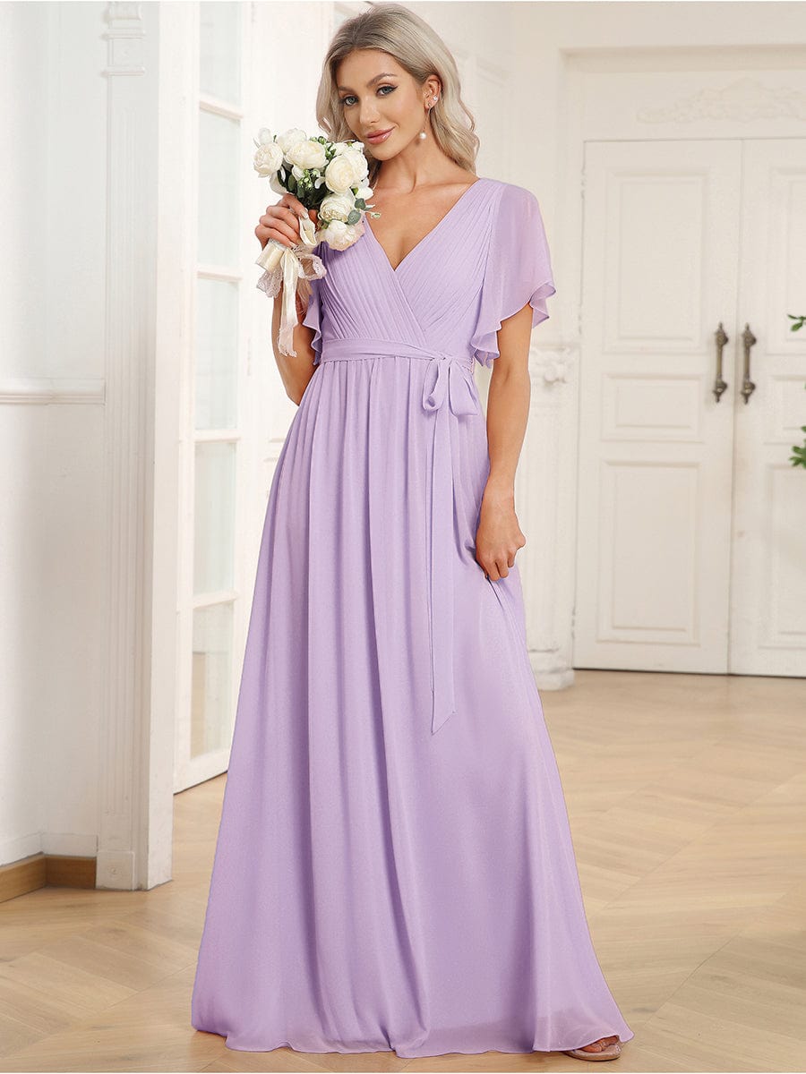 večerní šaty LEORA | V - krk s volánkovými rukávy, dlouhé až na zem, A - line, šifon | Evening Dresses | Elora Praha