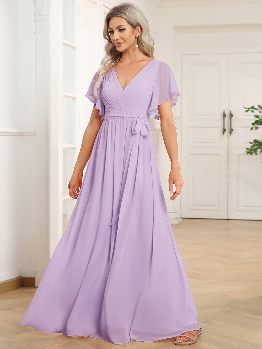 večerní šaty LEORA | V - krk s volánkovými rukávy, dlouhé až na zem, A - line, šifon | Evening Dresses | Elora Praha