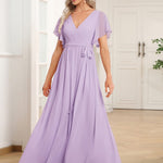 večerní šaty LEORA | V - krk s volánkovými rukávy, dlouhé až na zem, A - line, šifon | Evening Dresses | Elora Praha